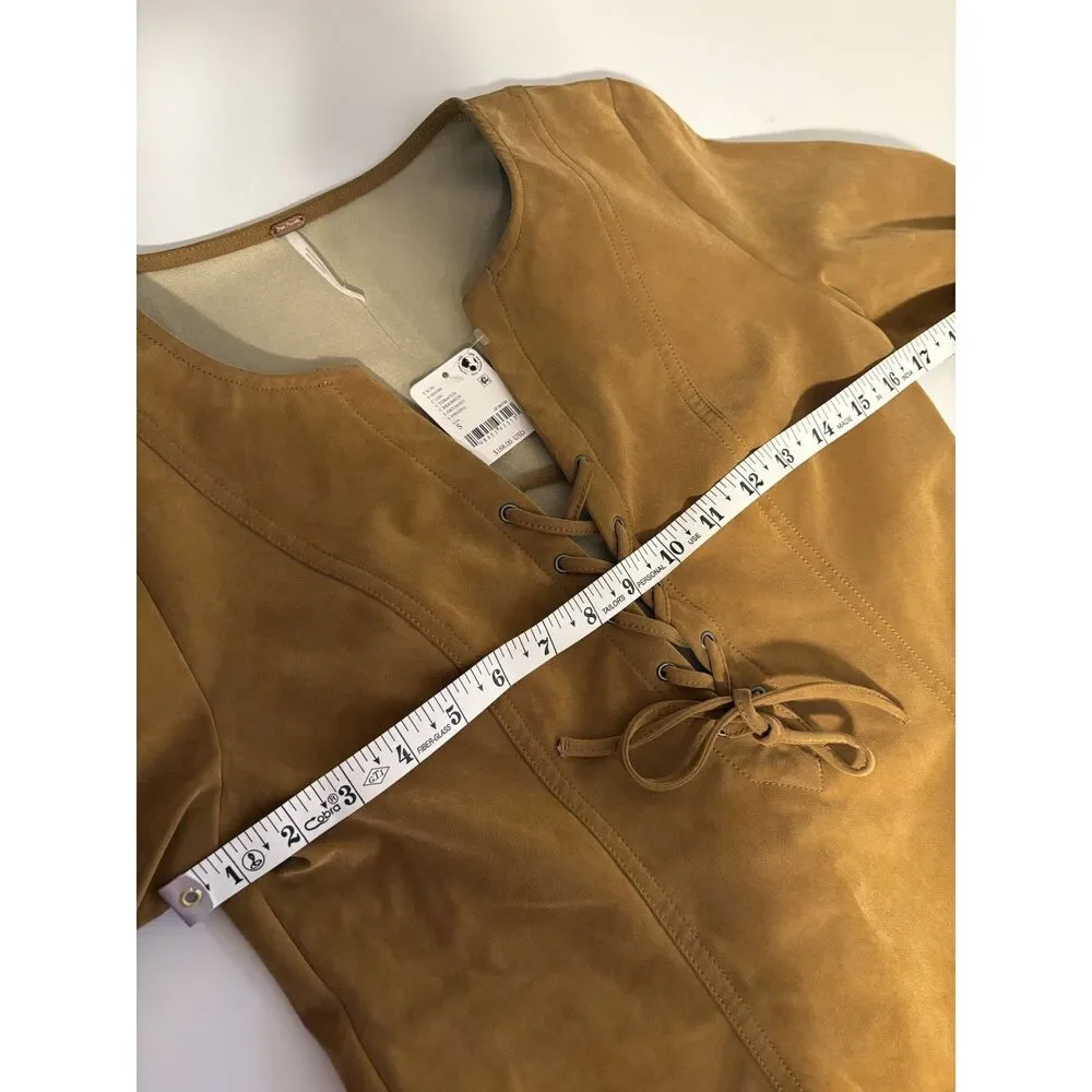 Free People Suede Lace-Up Mini Dress Tan Long Sleeve Boho Shift - Picture 5 of 6